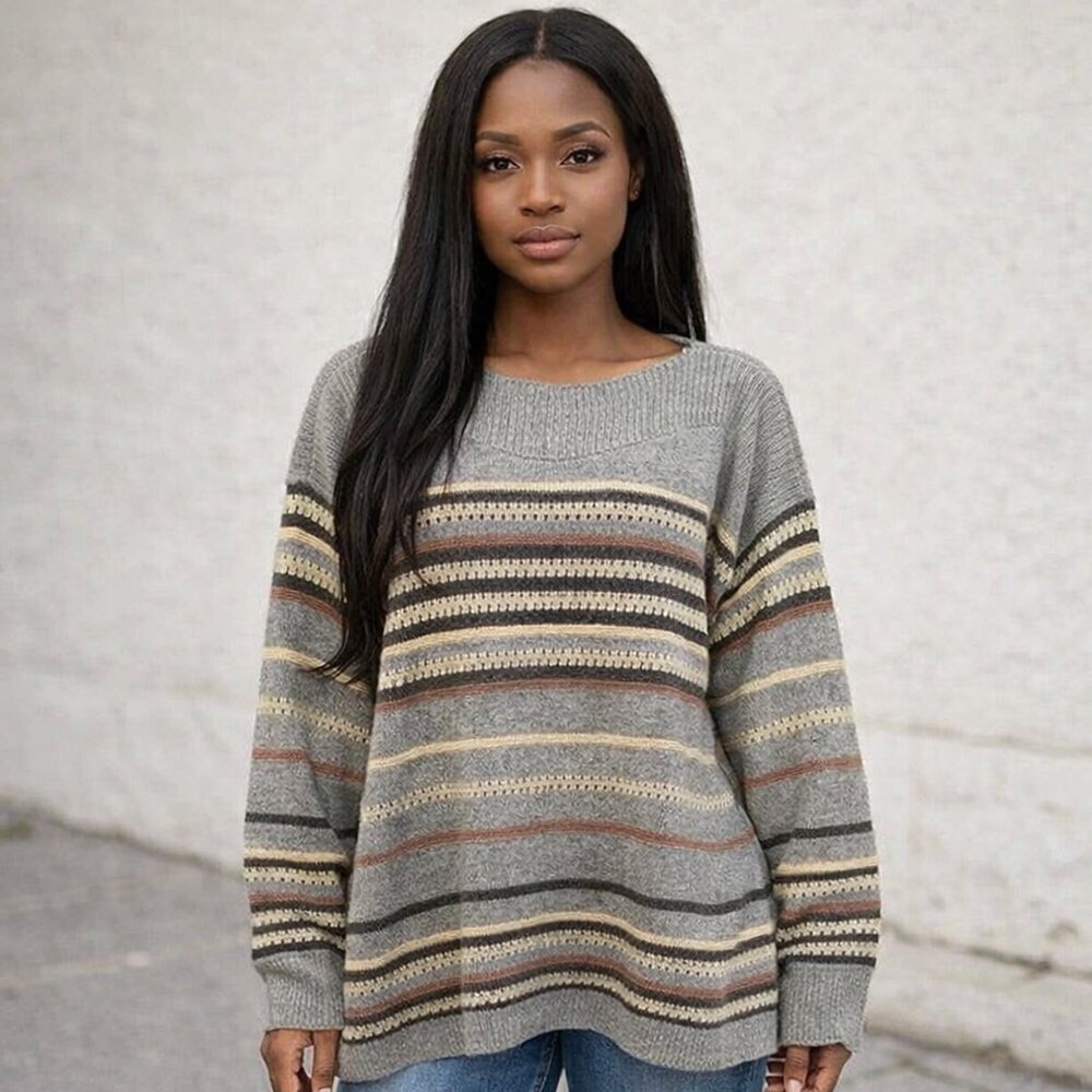LIZ CLAIBORNE Women's 0X Knit Sweater Gray Multi Color Stripes Sequins Pullover